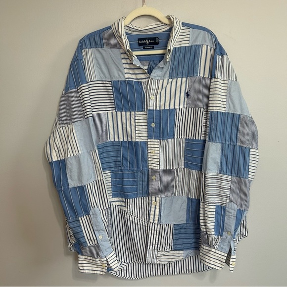 *RARE* Ralph Lauren Striped Blue White Patchwork Button Down Shirt Size XXL - Picture 1 of 5